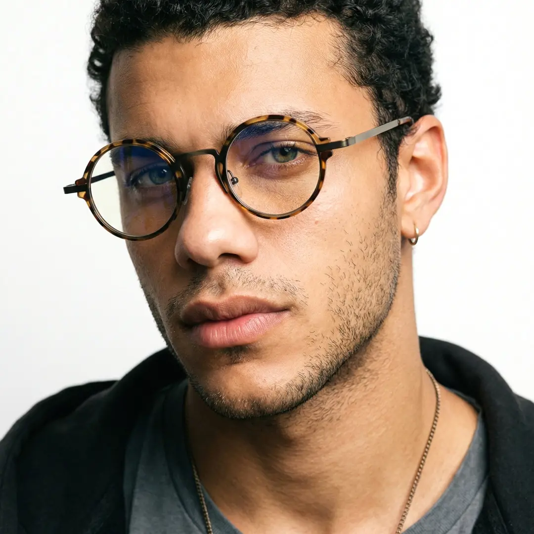 Slightly angled view of male wearing brown tortoise round eyeglasses, calm expression, RR0312406