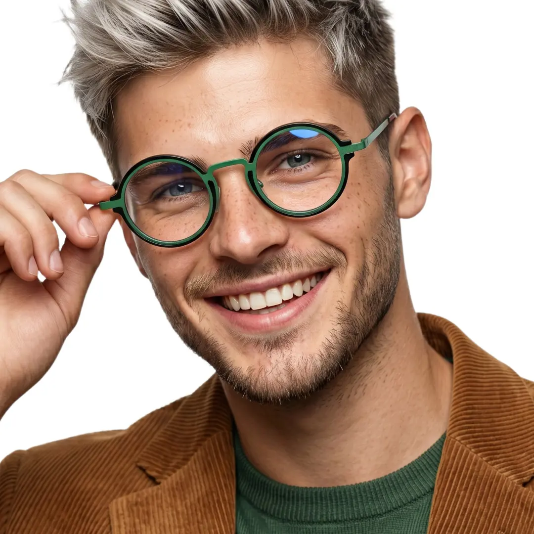 Front view of male wearing green round eyeglasses, adjusting glasses, smiling, RR0312406