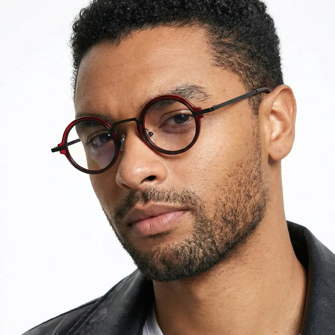 Male wearing vintage red round tr90 eyeglasses, natural expression. SPU: RR0312406