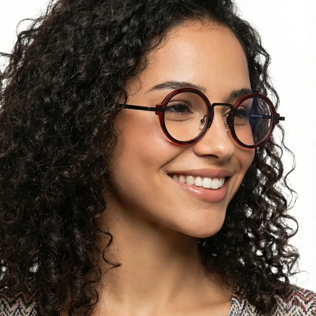 Three-quarter view of female wearing vintage red round eyeglasses, smiling, RR0312406
