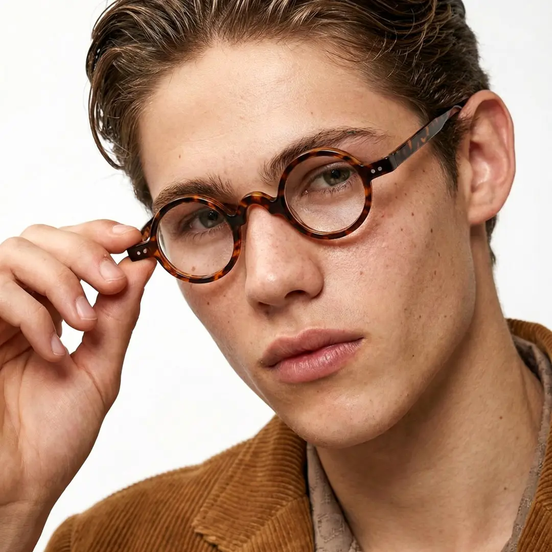 Tilted head view of male wearing tortoise round eyeglasses, holding glasses, calm expression, RR0322601