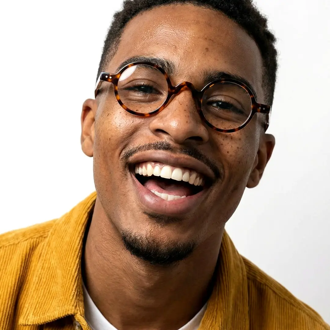 Front view of male wearing vintage tortoise round eyeglasses, smiling, RR0322601