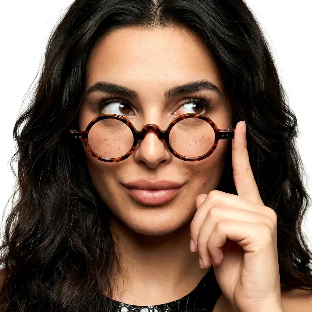 Front view of female wearing vintage tortoise round eyeglasses, natural expression, RR0322601