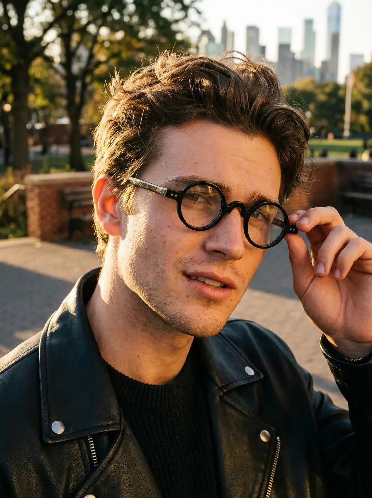 Male model wearing vintage tortoise round tr90 eyeglasses in a black leather jacket in a city park with buildings skyline background. SPU: RR0322601