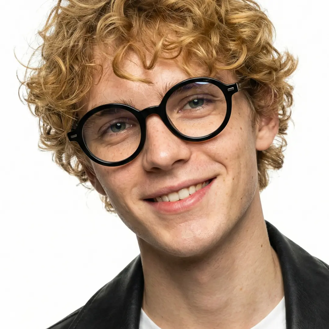 Tilted head view of male wearing black round eyeglasses, natural smile, RR0332302