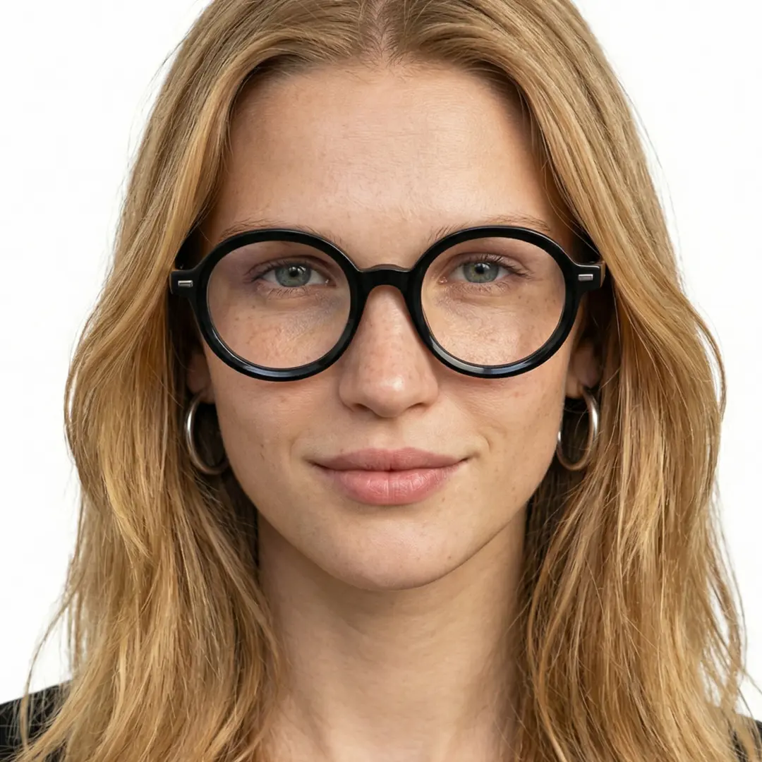 Front view of female wearing black round eyeglasses, natural expression, RR0332302
