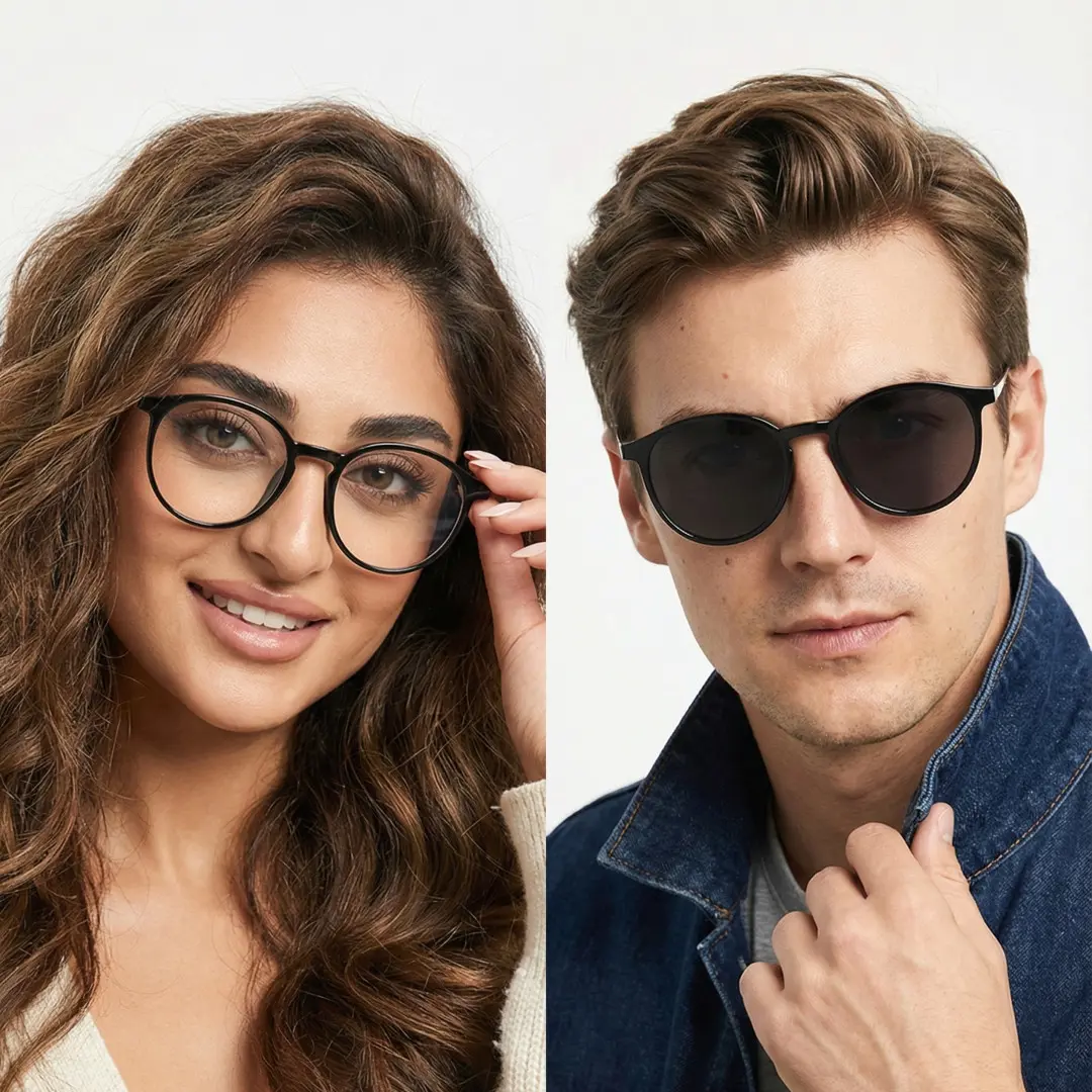 Front view of couple wearing black round magnetic clip-on eyeglasses set with interchangeable clip-on lenses, various expressions, RR0452505