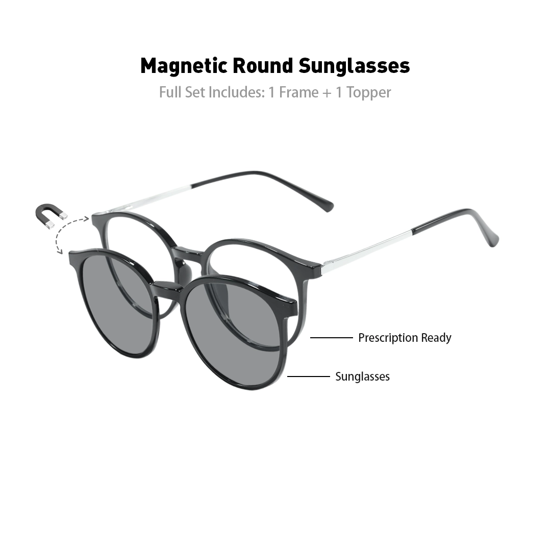 Set view of Jode round metal magnetic clip-on eyeglasses set with interchangeable clip-on lenses RR0452505 in black