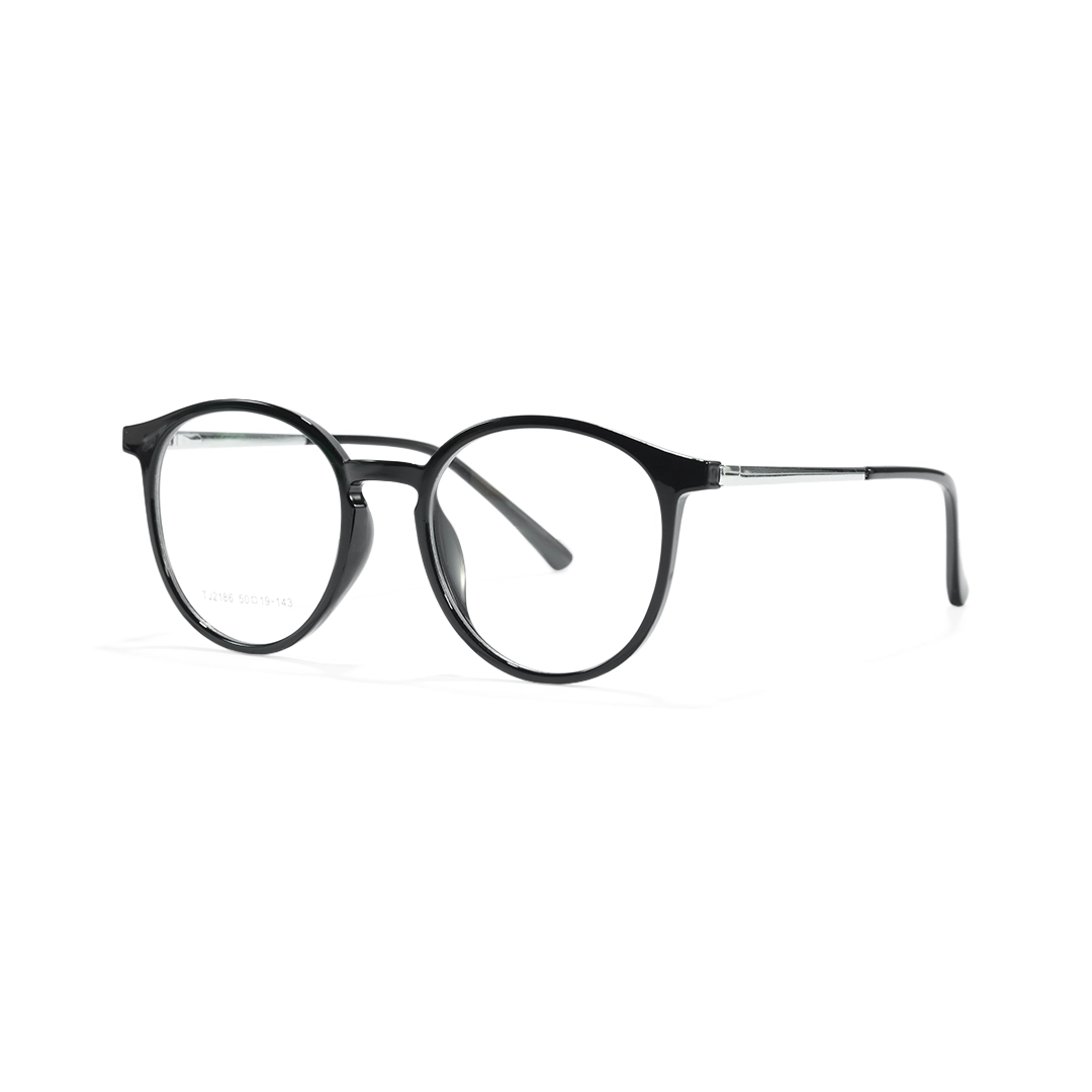 Angle view of Jode round metal magnetic clip-on eyeglasses set with interchangeable toppers RR0452505 in black