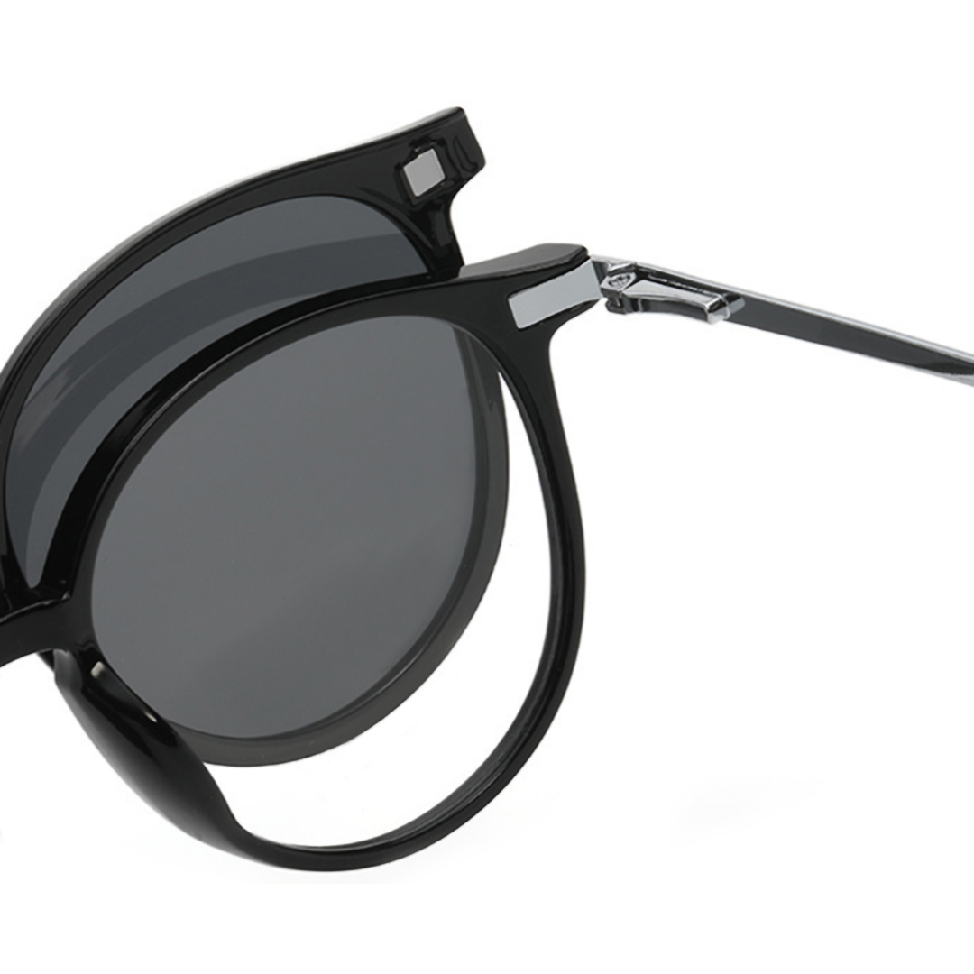 End piece detail of Jode round metal magnetic clip-on eyeglasses set with interchangeable toppers RR0452505 in black