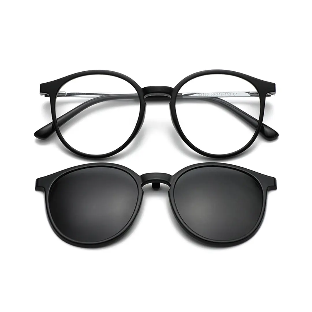 Front folded view of Jode round metal magnetic clip-on eyeglasses set with interchangeable toppers RR0452505 in black