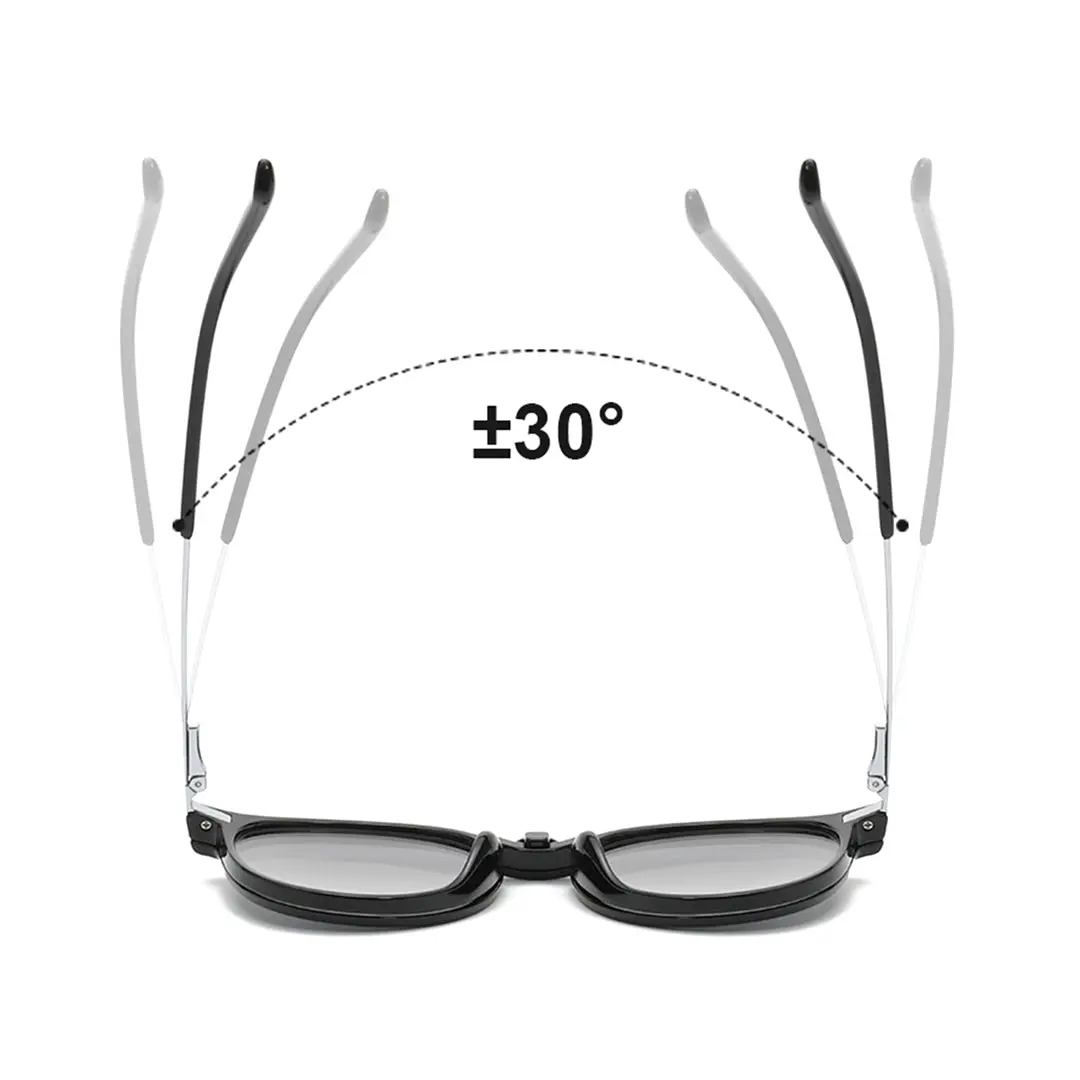 Temple detail of Jode round metal magnetic clip-on eyeglasses set with interchangeable toppers RR0452505 in black