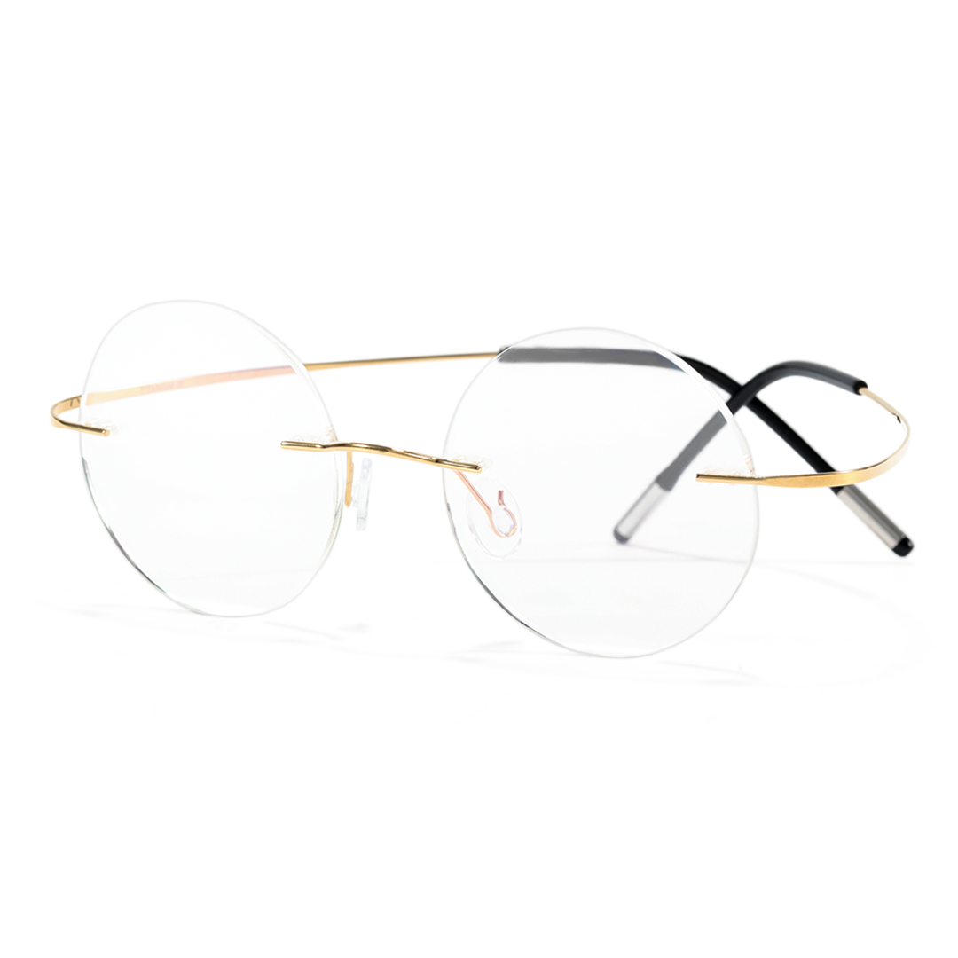 Angle view of Darcy vintage round titanium eyeglasses in gold. SPU: RT0012506
