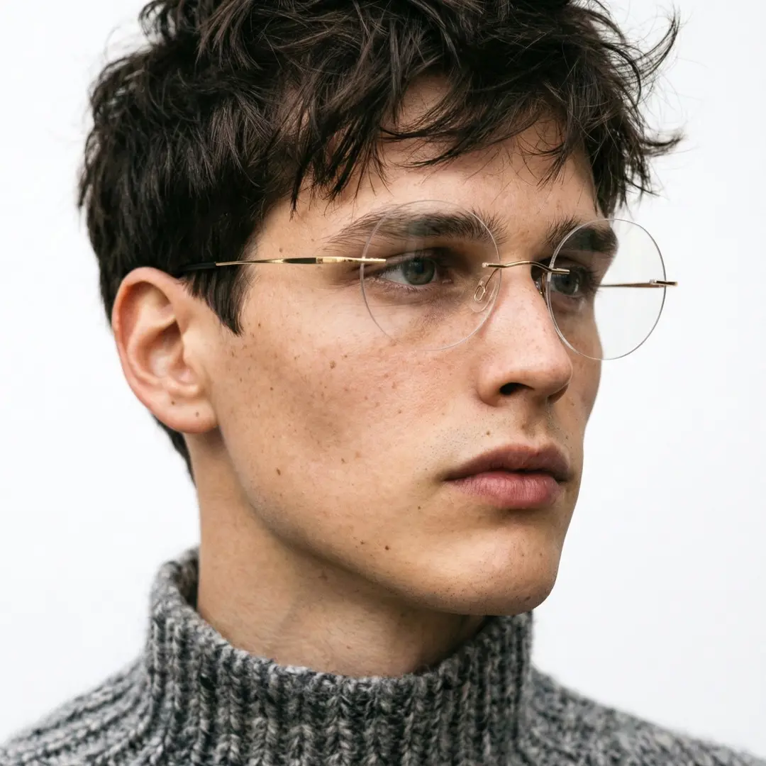 Three-quarter view of male wearing vintage gold round eyeglasses, calm expression, RT0012506