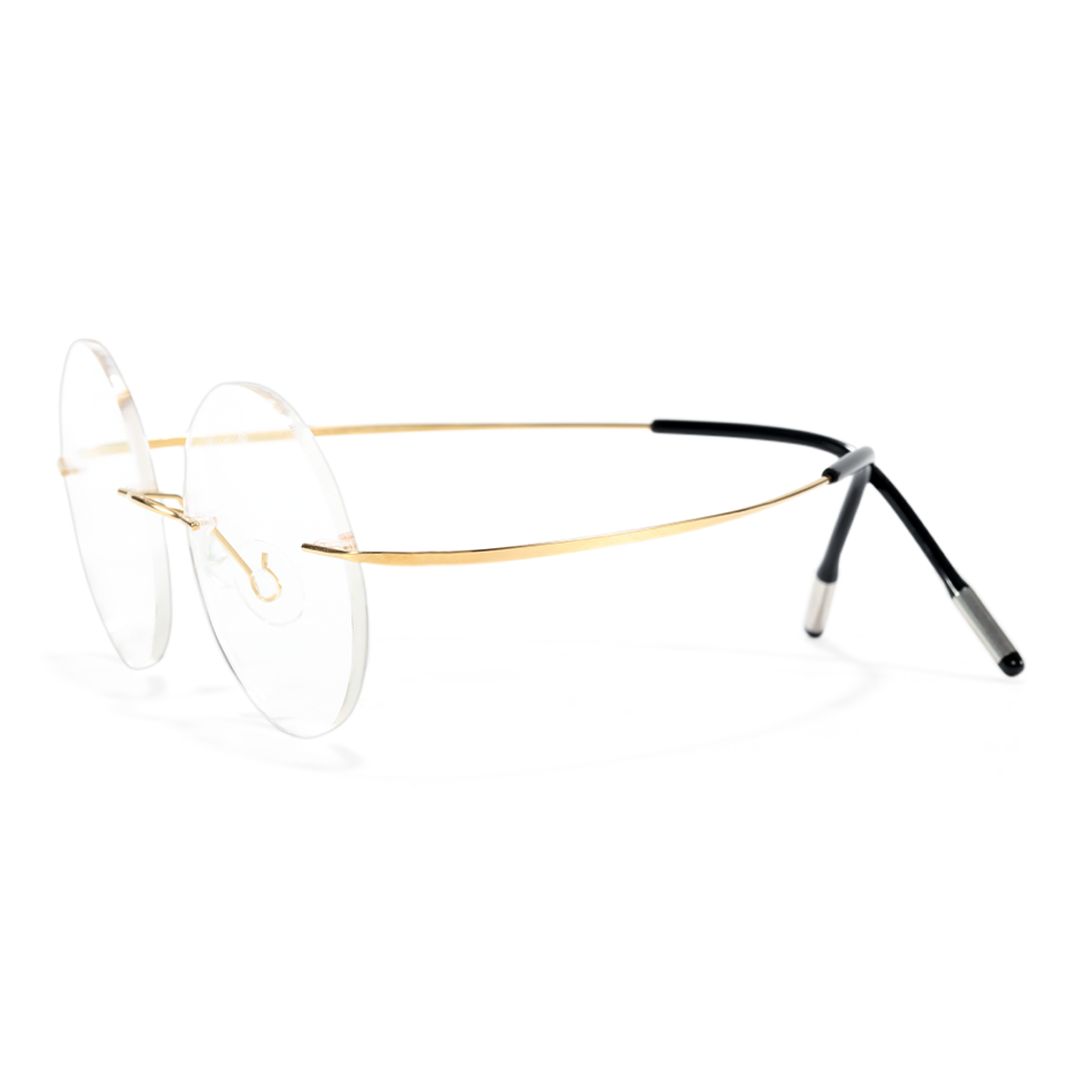 Side view of Darcy vintage round titanium eyeglasses in gold. SPU: RT0012506