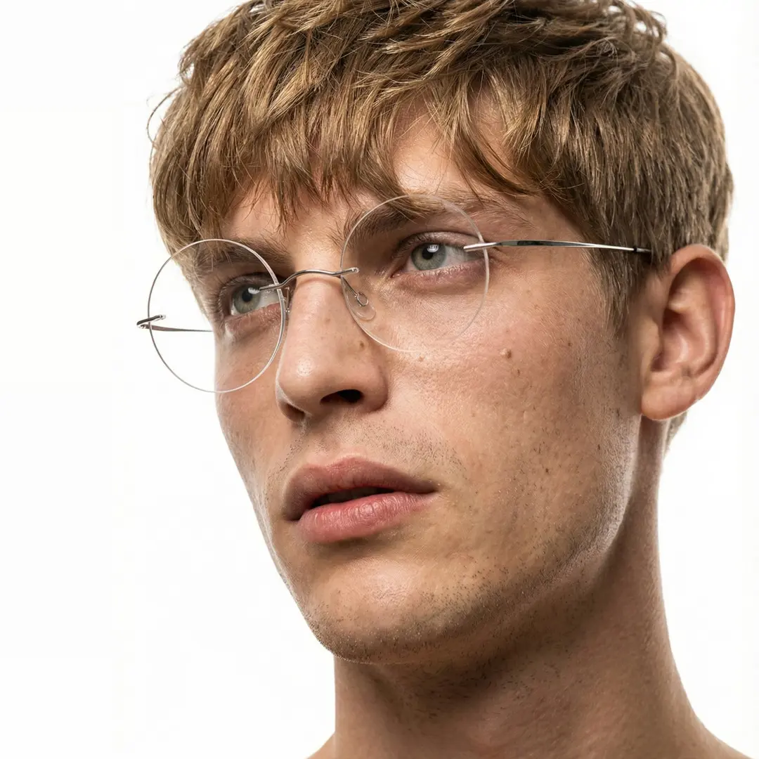 Face close-up view of male wearing silver round eyeglasses, neutral expression, RT0012506