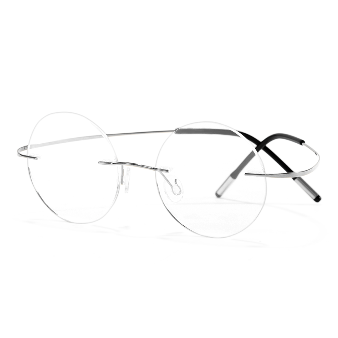 Angle view of Darcy vintage round titanium eyeglasses in silver. SPU: RT0012506