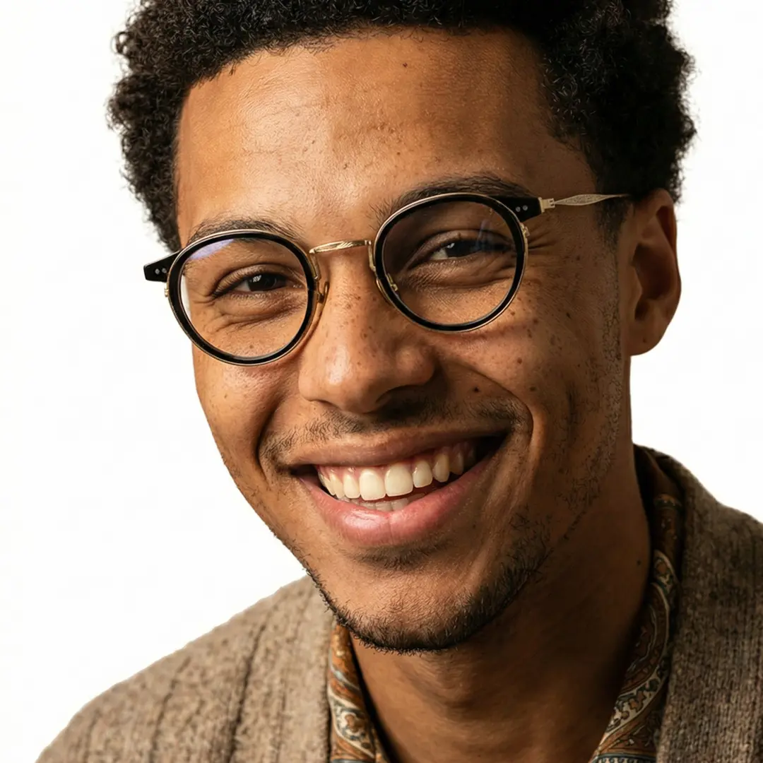 Front view of male wearing vintage black round eyeglasses, smiling, RT0022209