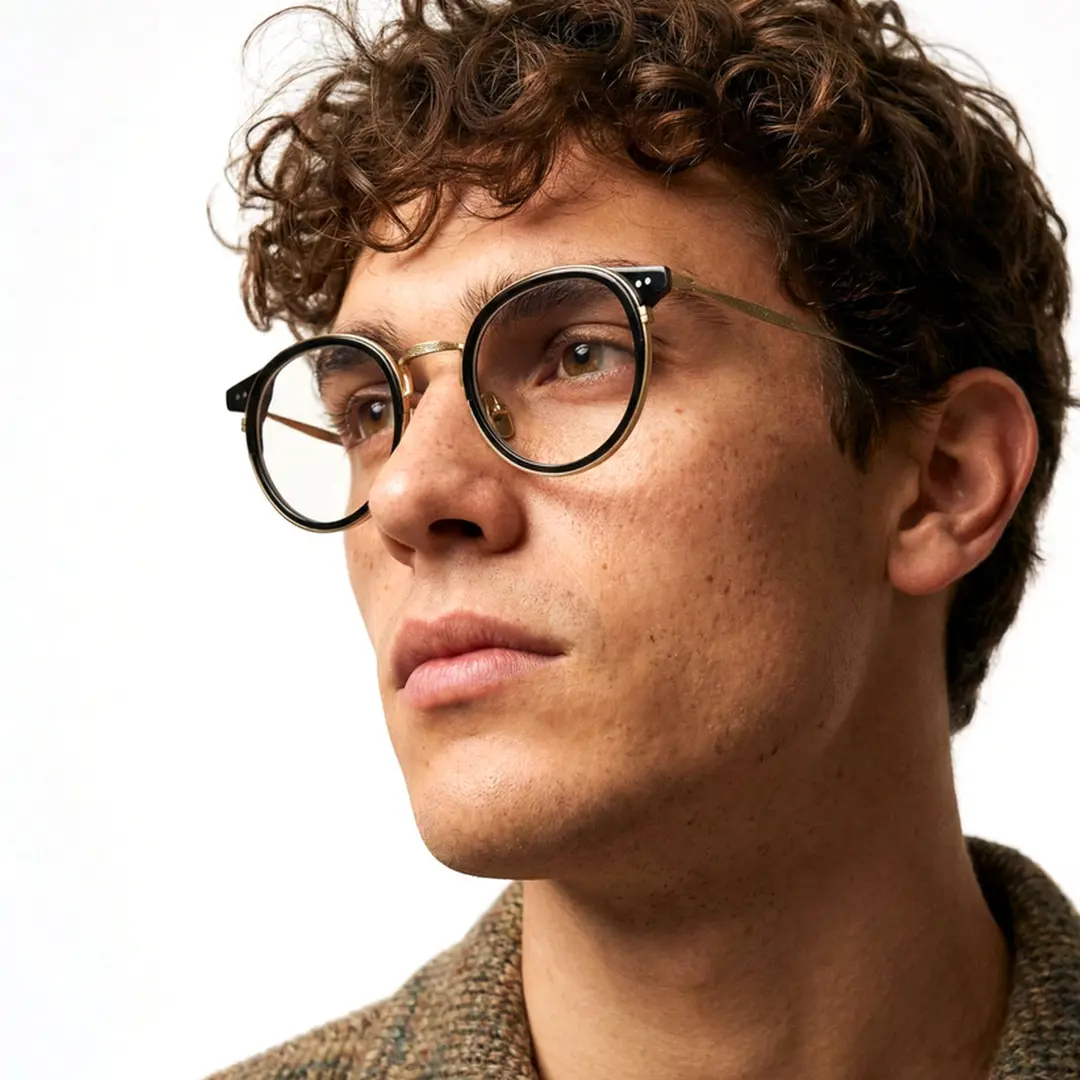 Looking away view of male wearing vintage black round eyeglasses, neutral expression, RT0022209