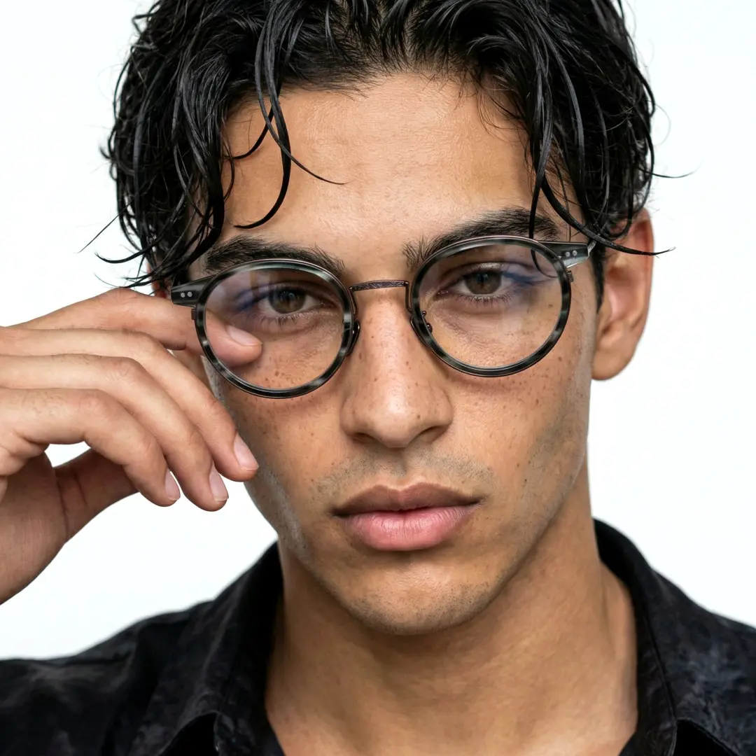 Front view of male wearing vintage brown round eyeglasses, touching frame, calm expression, RT0022209