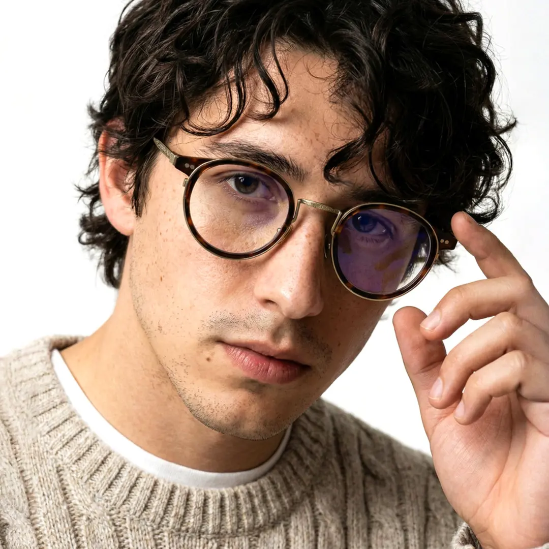 Tilted head view of male wearing tortoise round eyeglasses, holding glasses, calm expression, RT0022209