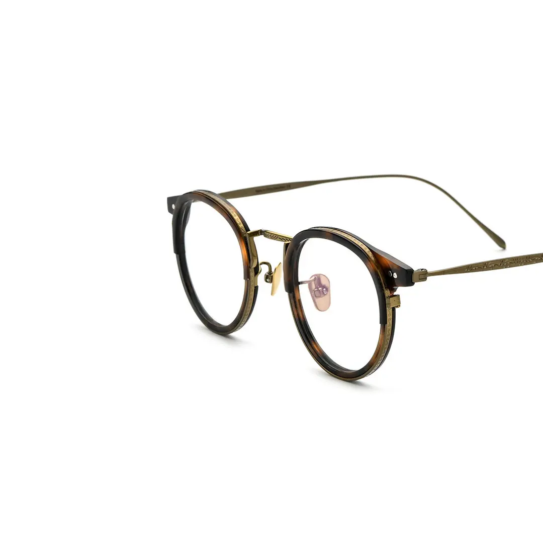Frame detail view of Felone vintage round titanium eyeglasses RT0022209 in tortoise