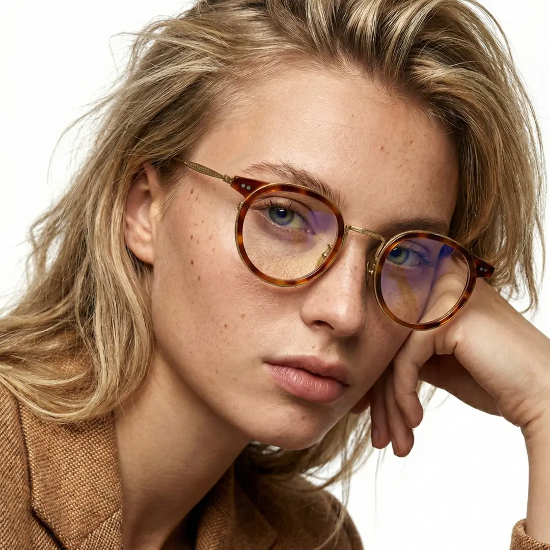 Profile view of female wearing yellow tortoise round eyeglasses, hand near face, calm expression, RT0022209