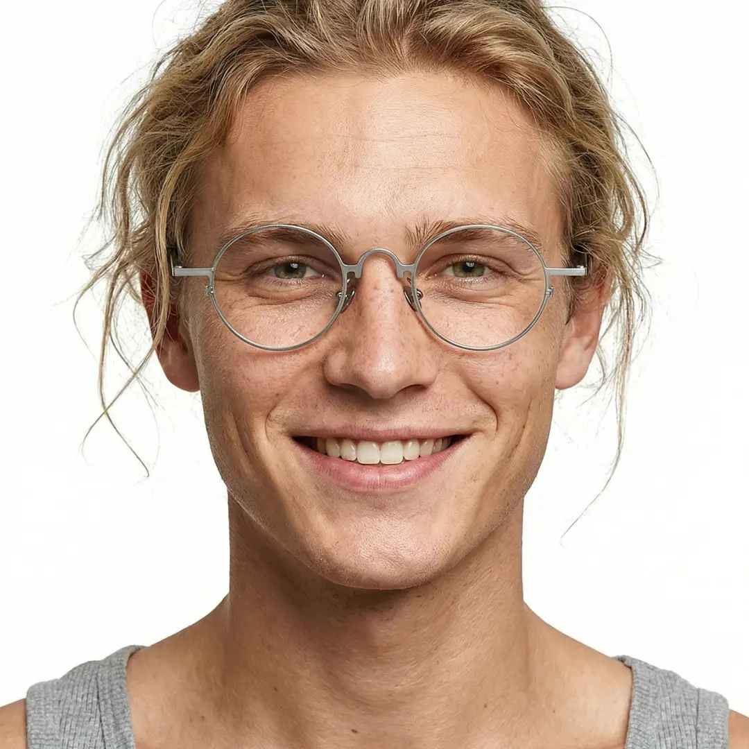 Front view of male wearing john lennon grey round eyeglasses, smiling, RT0042305