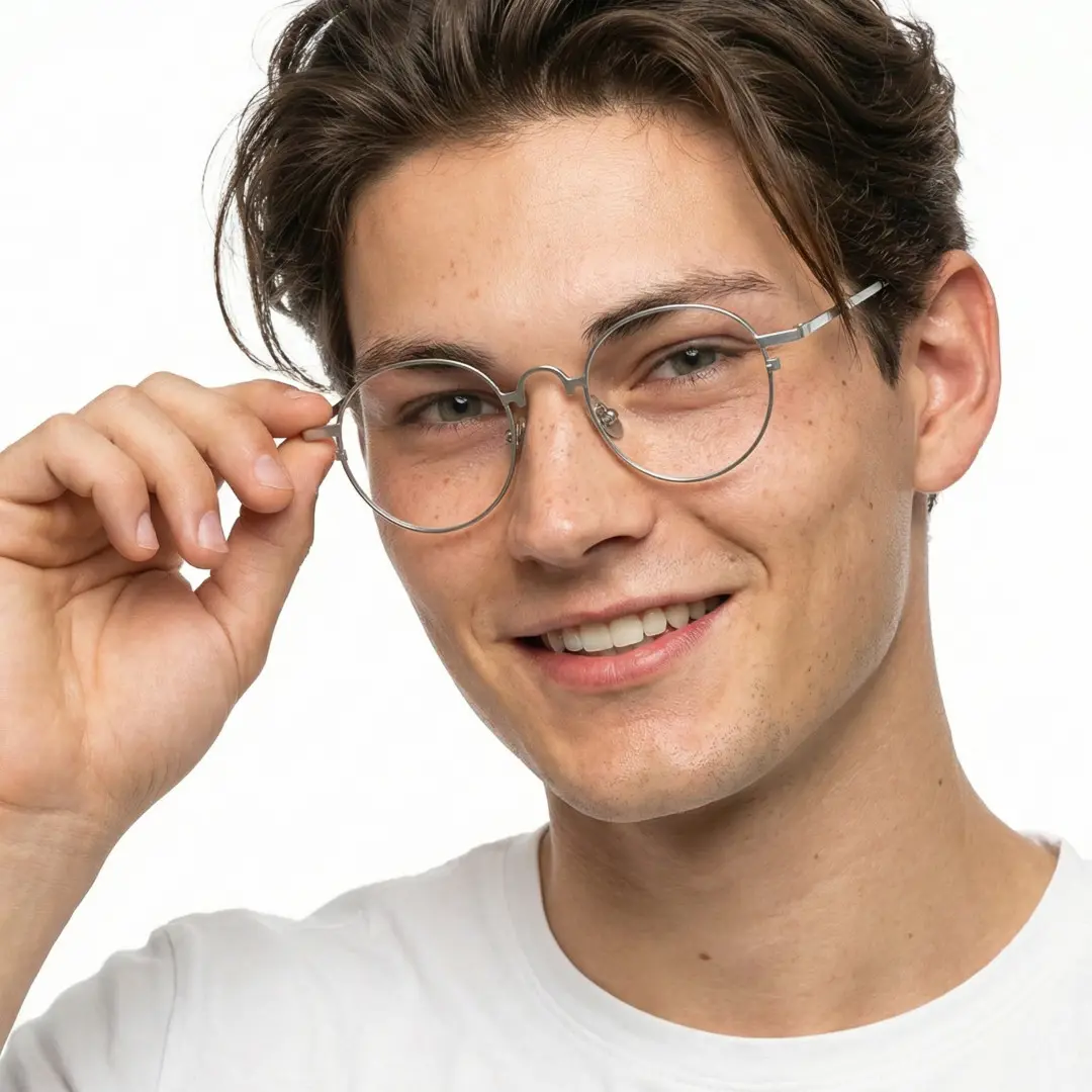 Slightly angled view of male wearing john lennon grey round eyeglasses, holding glasses, natural smile, RT0042305