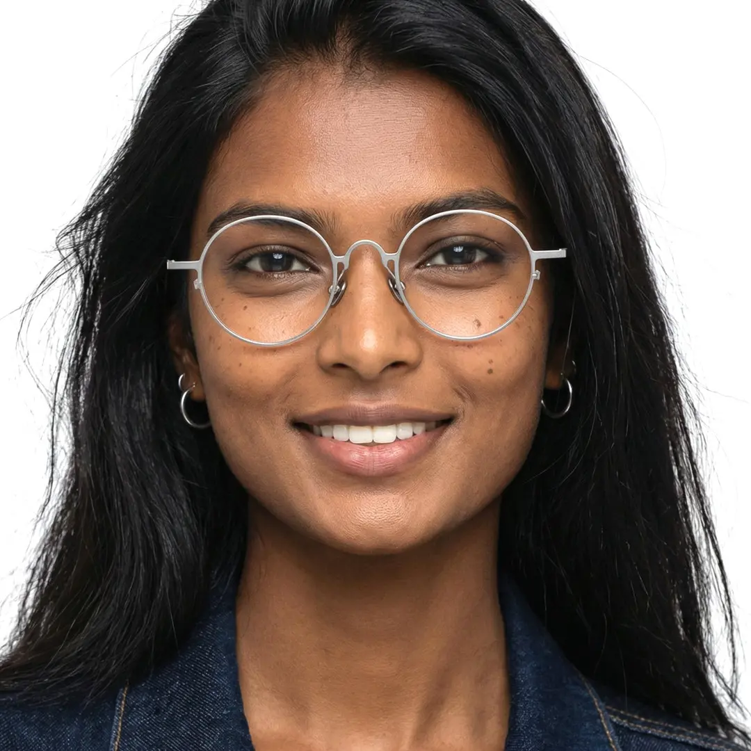 Straight-on view of female wearing john lennon grey round eyeglasses, natural smile, RT0042305