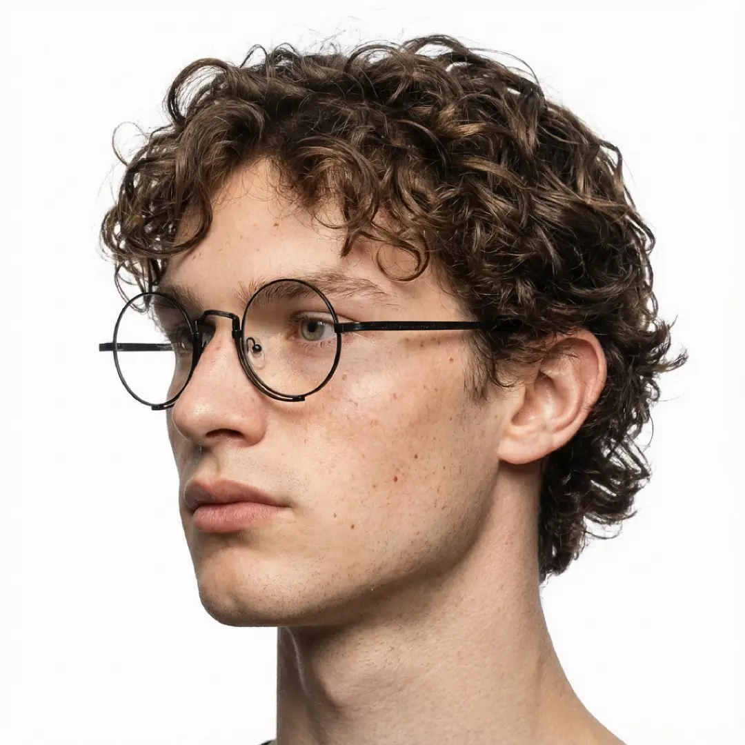 Looking away view of male wearing black round eyeglasses, neutral expression, RT0052304
