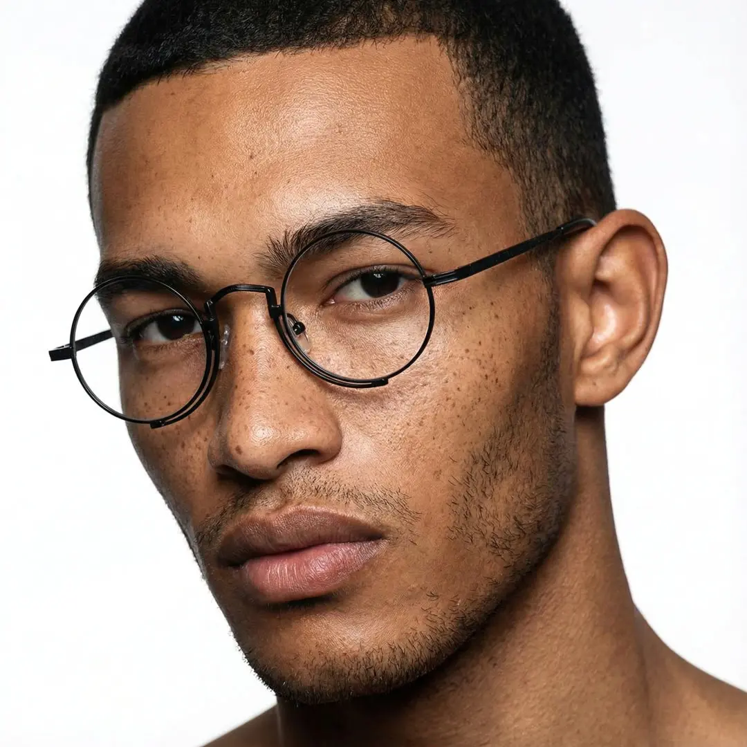 Slightly angled view of male wearing steampunk black round eyeglasses, neutral expression, RT0052304
