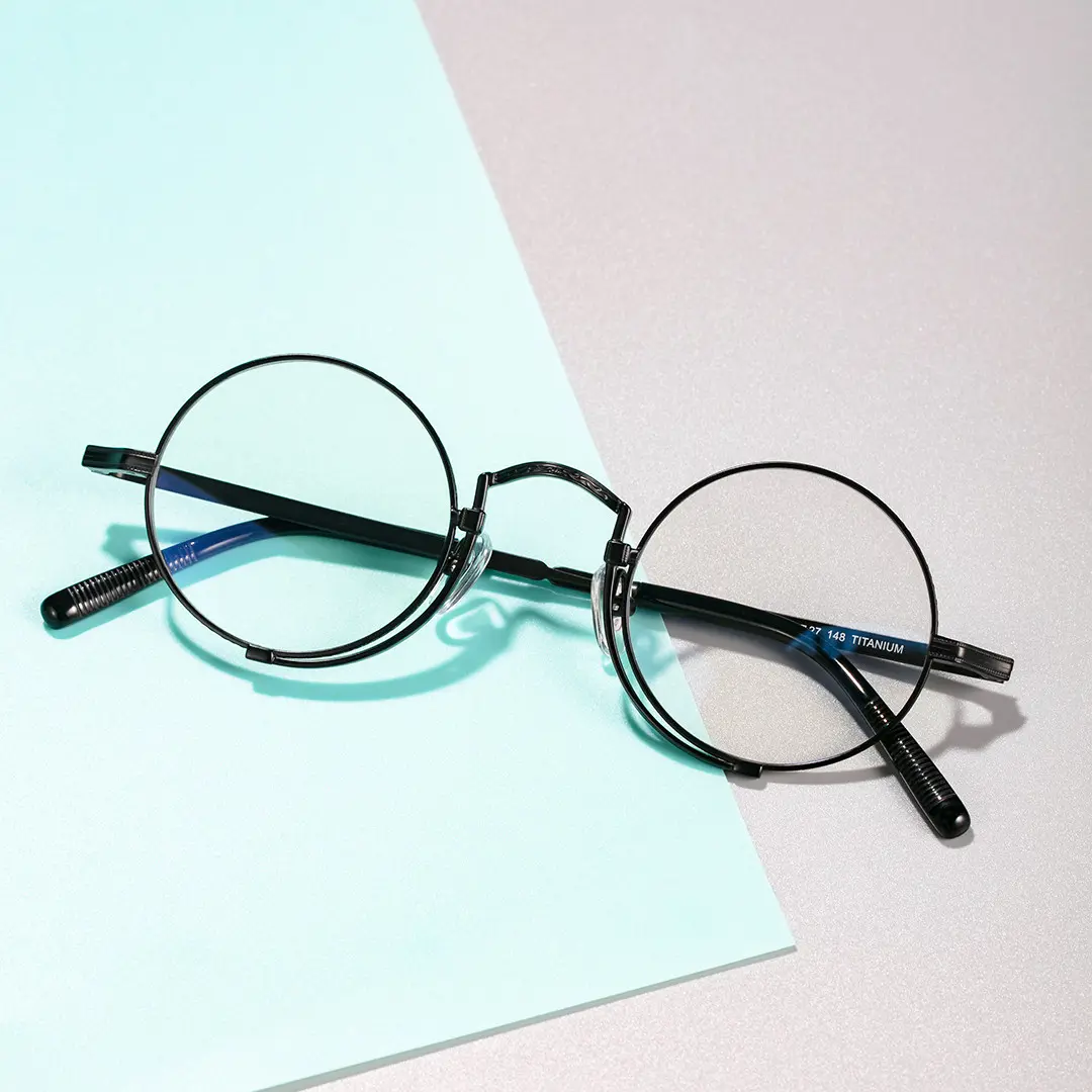 Scene view of Bour steampunk round titanium eyeglasses in black. SPU: RT0052304