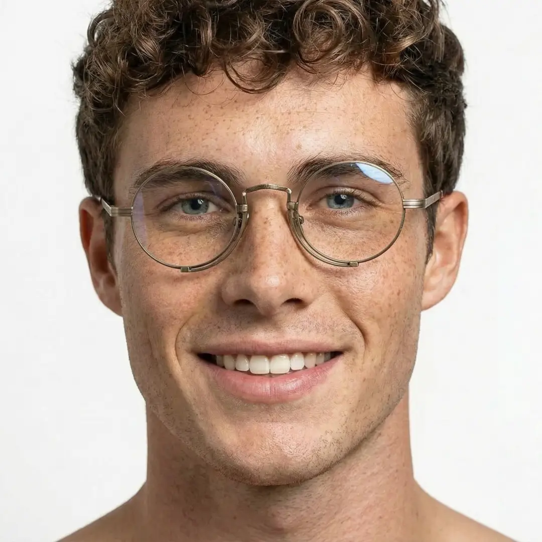 Front view of male wearing bronze round eyeglasses, smiling, RT0052304