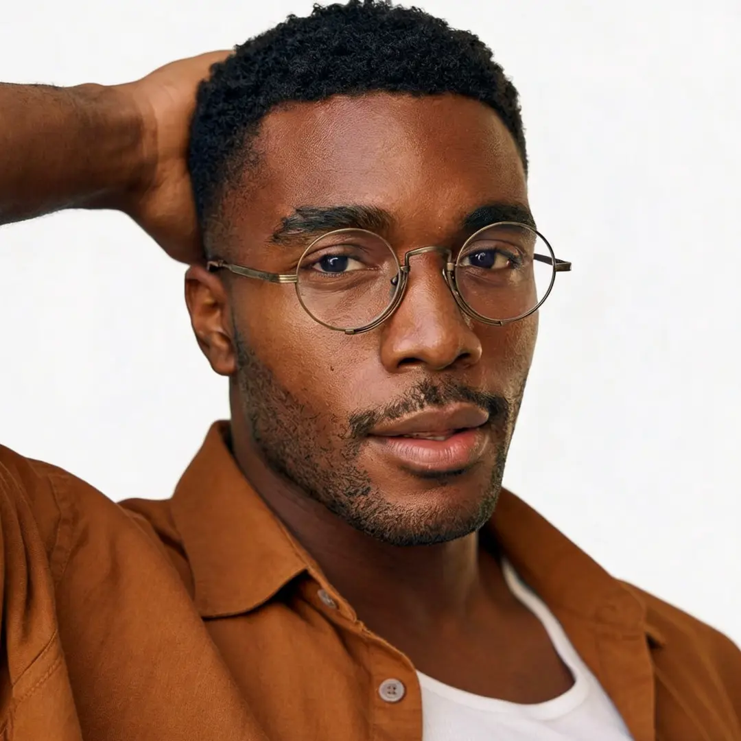 Tilted head view of male wearing bronze round eyeglasses, hand in hair, natural expression, RT0052304