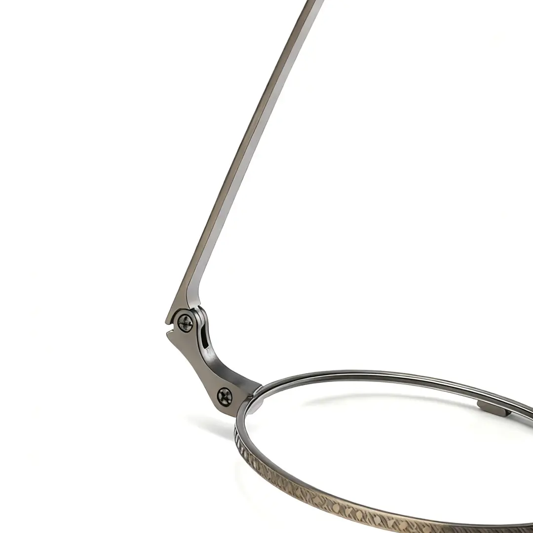 Hinge detail of Bour steampunk round titanium eyeglasses in bronze. SPU: RT0052304