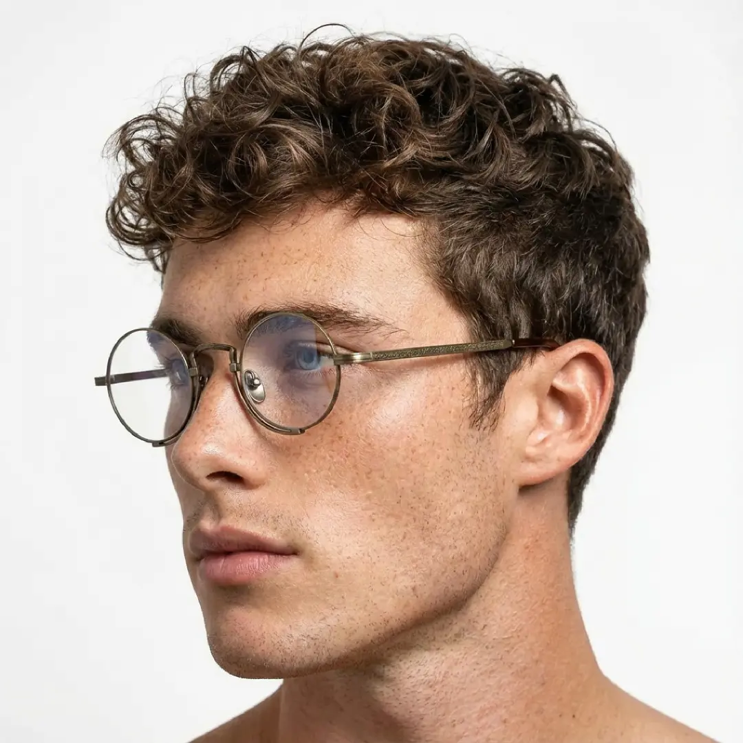 Male wearing steampunk bronze round titanium eyeglasses, calm expression. SPU: RT0052304