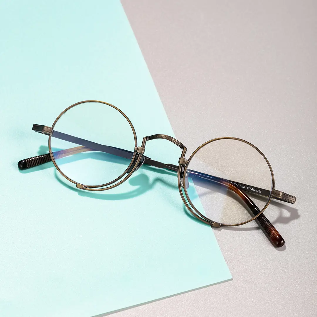 Scene view of Bour steampunk round titanium eyeglasses in bronze. SPU: RT0052304