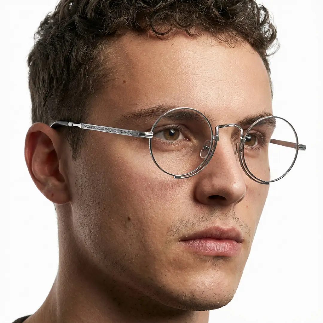 Looking away view of male wearing steampunk grey round eyeglasses, neutral expression, RT0052304
