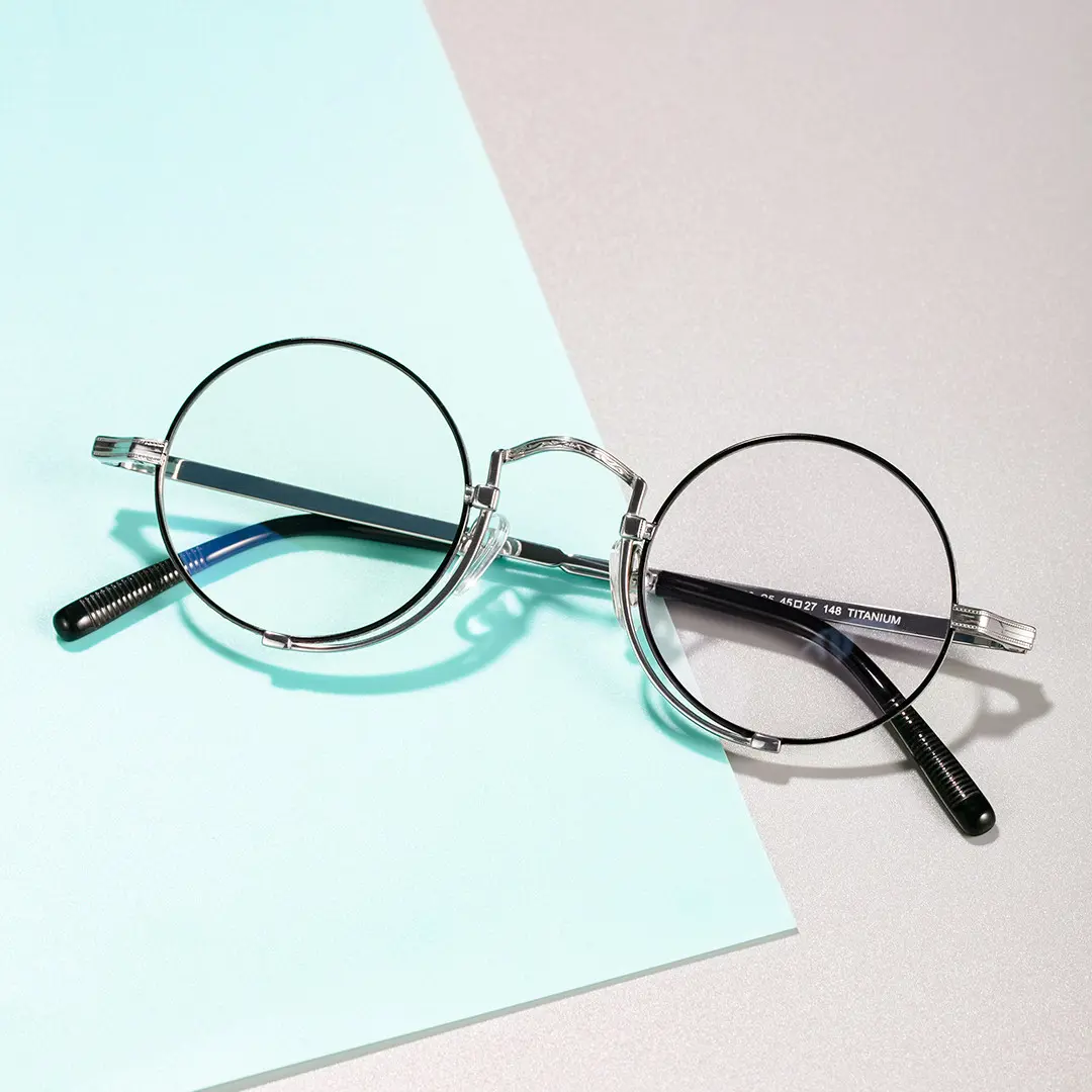 Scene view of Bour steampunk round titanium eyeglasses in grey. SPU: RT0052304