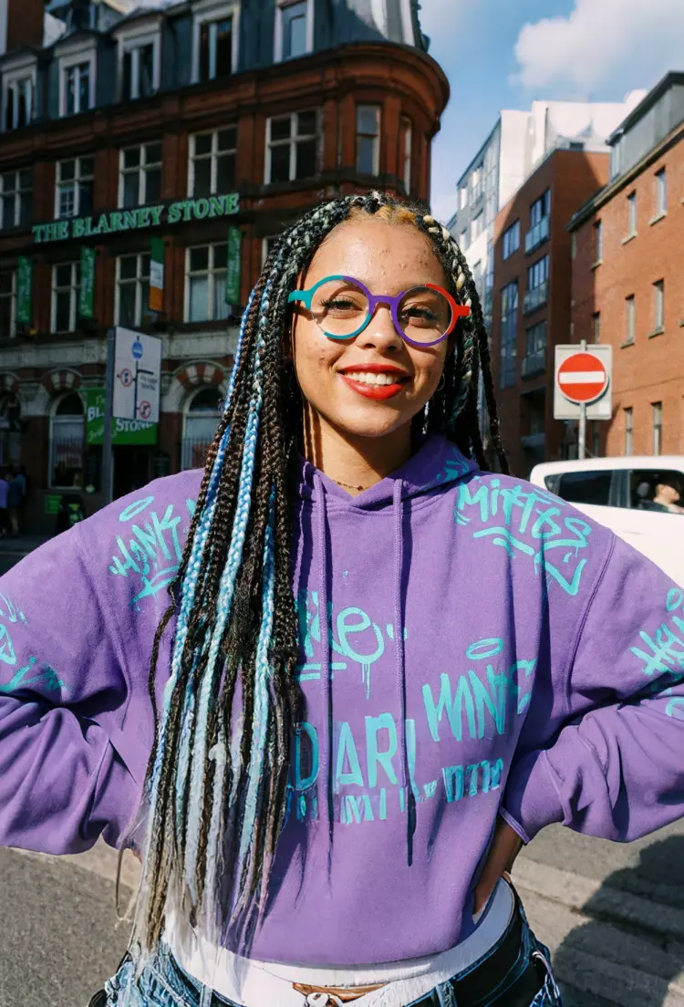 Female model wearing colorful multicolor round titanium eyeglasses in outdoor street setting. SPU: RT0072407