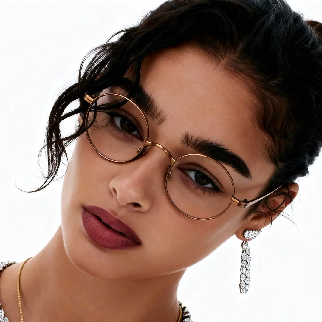 Tilted head view of female wearing brown round eyeglasses, neutral expression, RT0172303