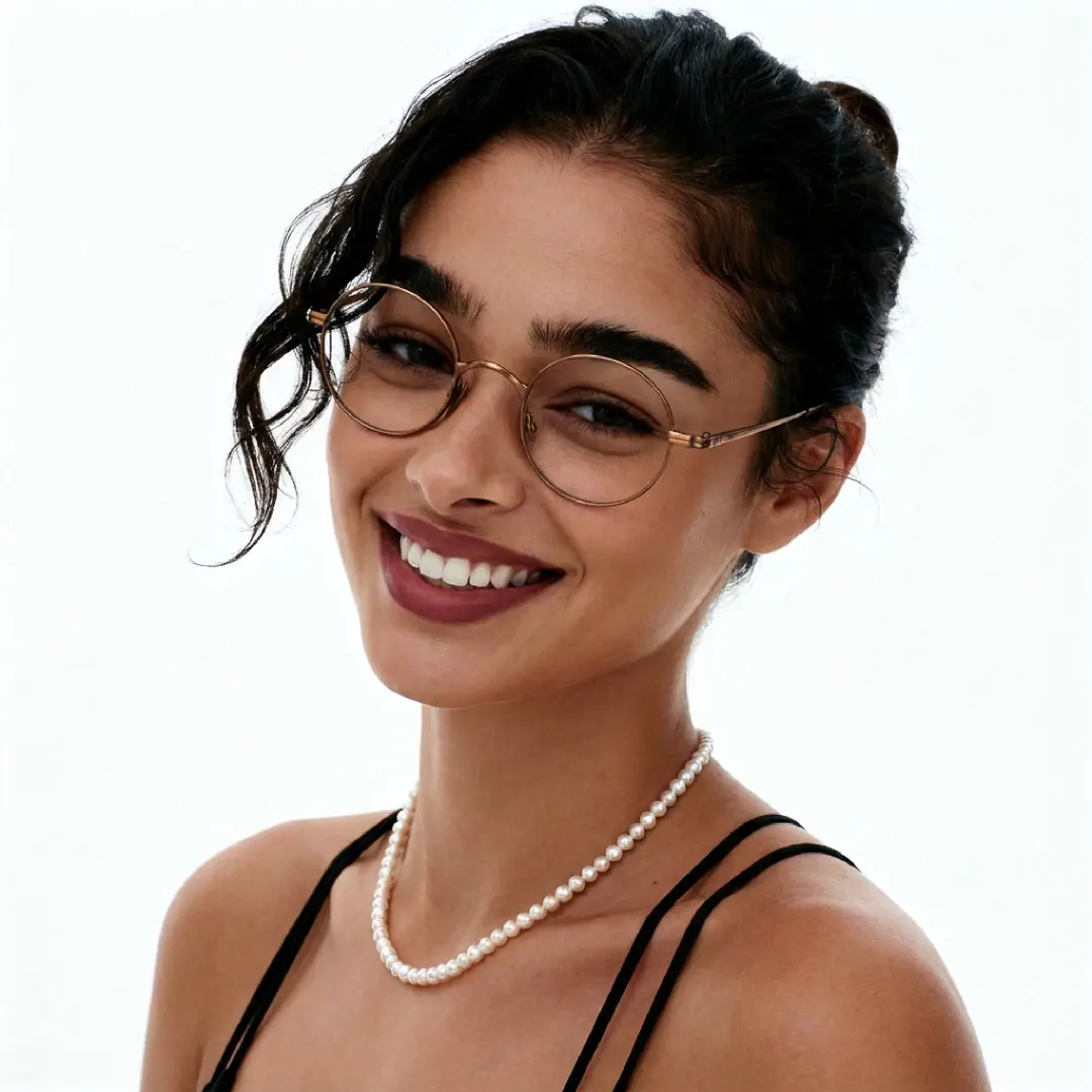 Three-quarter view of female wearing john lennon brown round eyeglasses, smiling, RT0172303