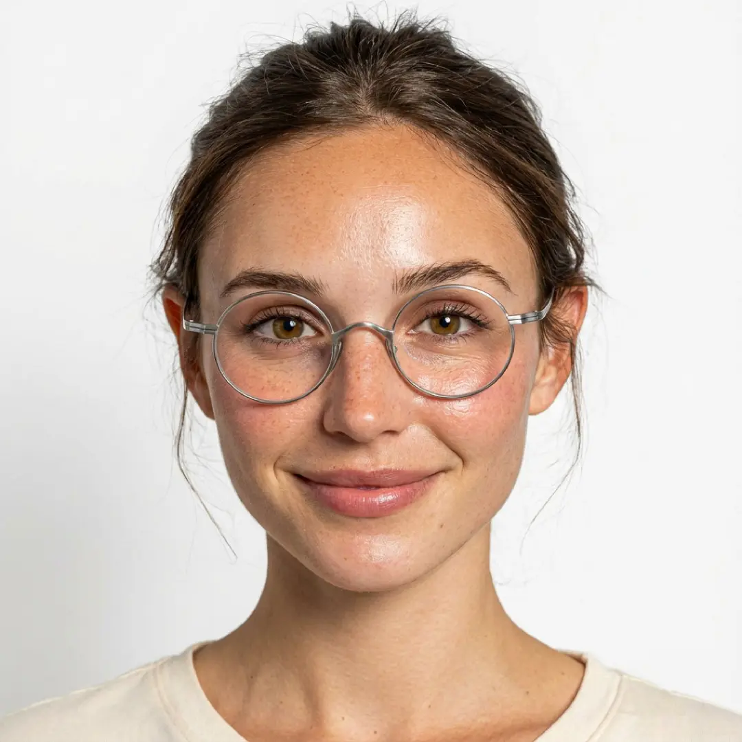 Front view of female wearing john lennon silver round eyeglasses, smiling, RT0172303