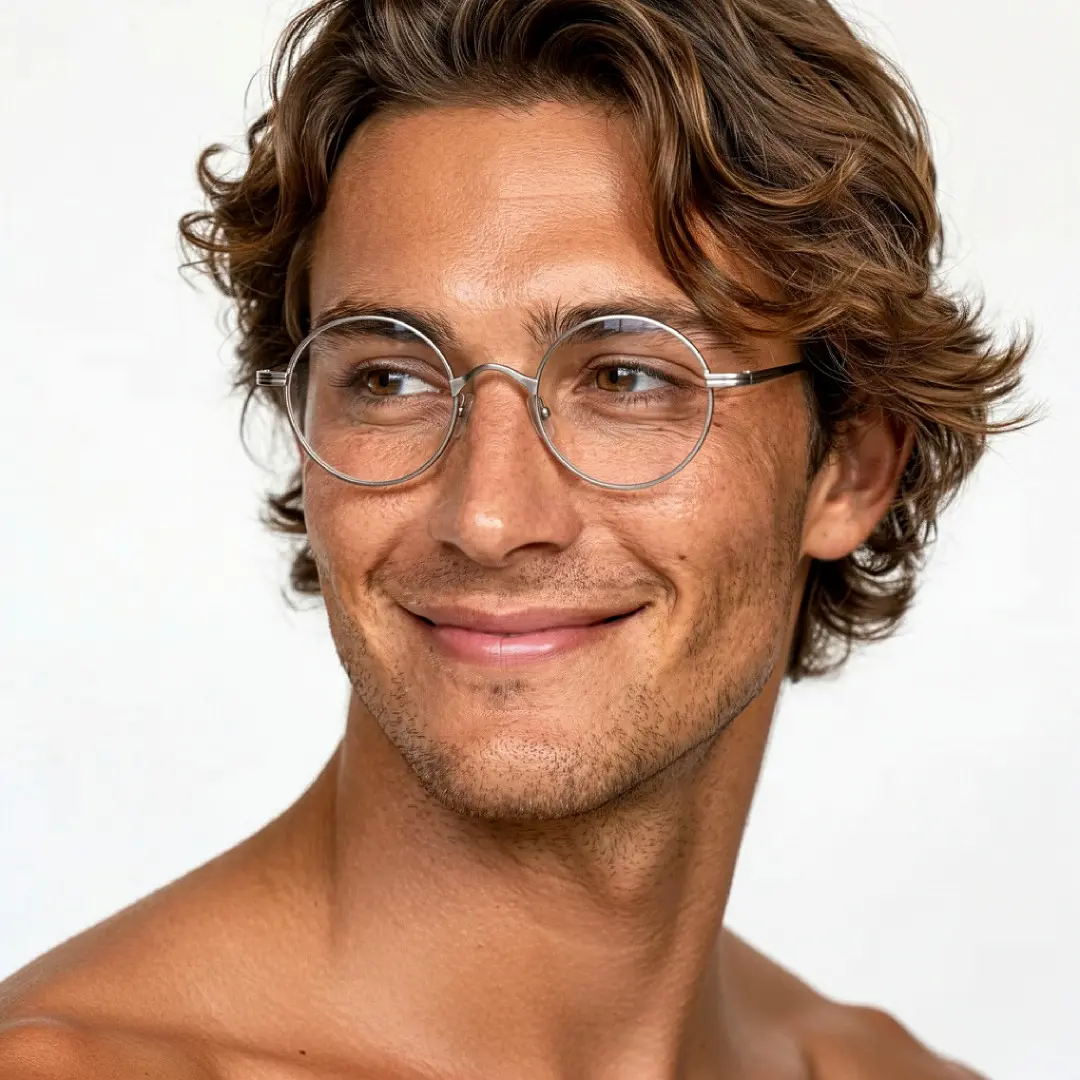 Over-the-shoulder view of male wearing silver round eyeglasses, natural smile, RT0172303