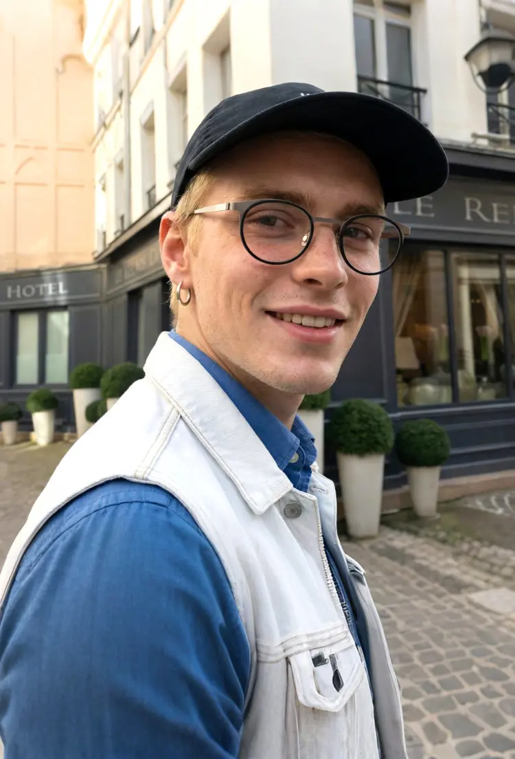 Male model wearing vintage silver round titanium eyeglasses standing on a city street. SPU: RT0212306