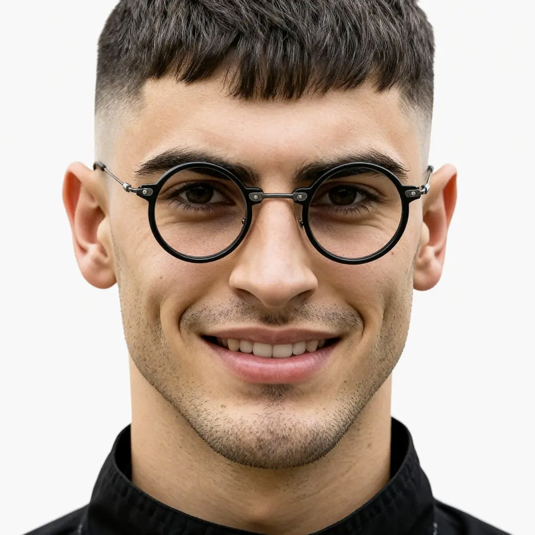 Looking straight ahead view of male wearing steampunk black round eyeglasses, big smile, RT0302405