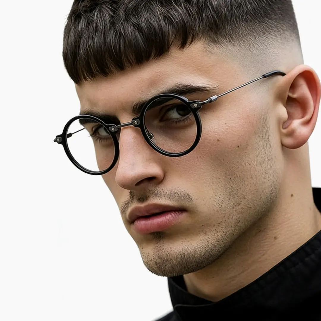 Three-quarter view of male wearing steampunk black round eyeglasses, thoughtful expression, RT0302405