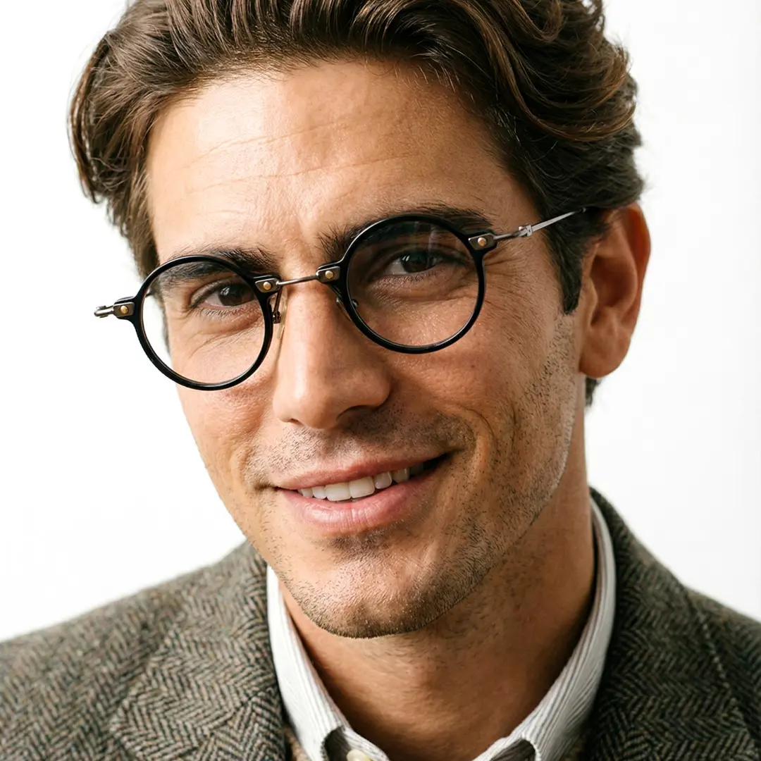 Slightly angled view of male wearing steampunk black round eyeglasses, smiling, RT0302406