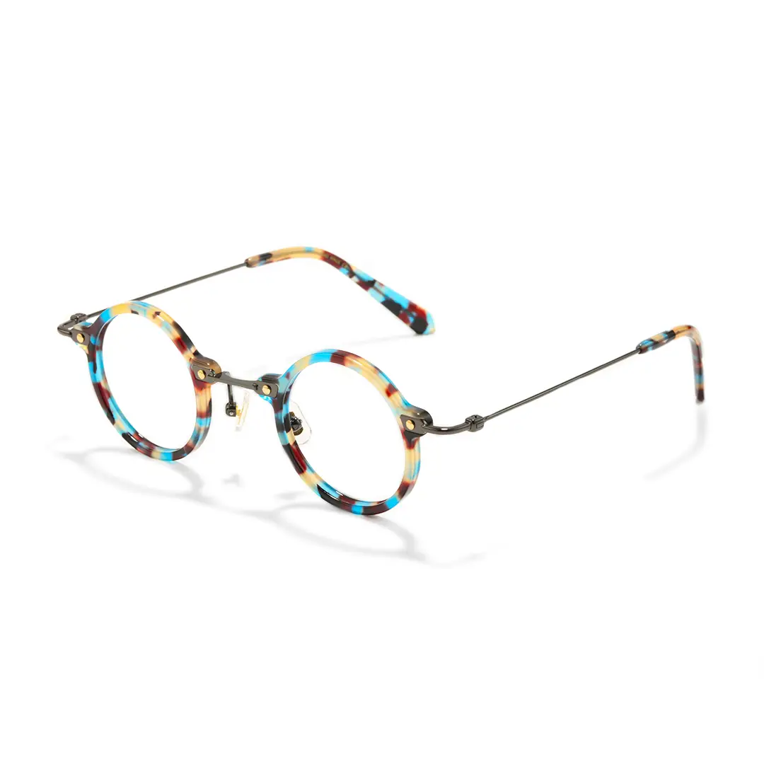 Angle view of Vicky steampunk round titanium eyeglasses RT0302406 in blue tortoise